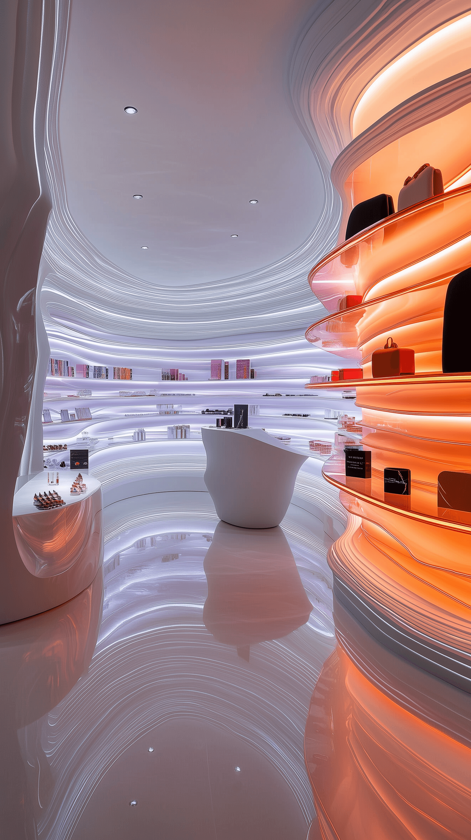 AI generated: photography, envision a futuristic retail gallery where functionality meets art, shelves, instead of...