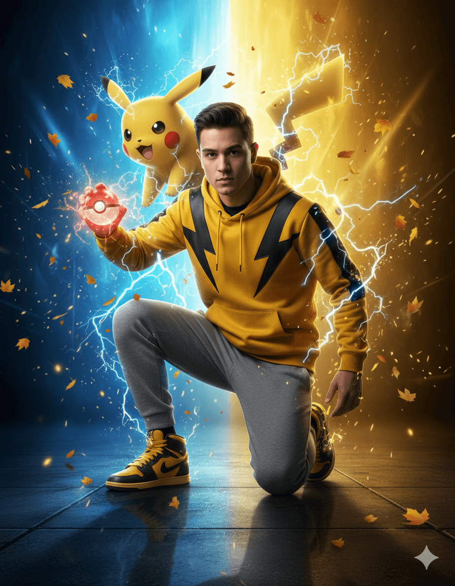 AI generated: A highly detailed fantasy poster of a young man posing heroically with Pikachu from Pokémon. The man...