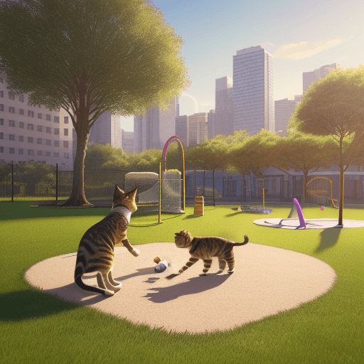 AI generated: Hyper realistic eye level exterior photo of a a beautiful tabby cat playing in the park with a scrat...