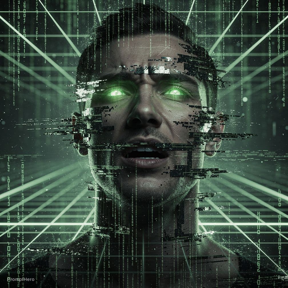 AI generated: The background is a mesmerizing,glowing matrix grid in a vibrant light green hue,with cascading stre...
