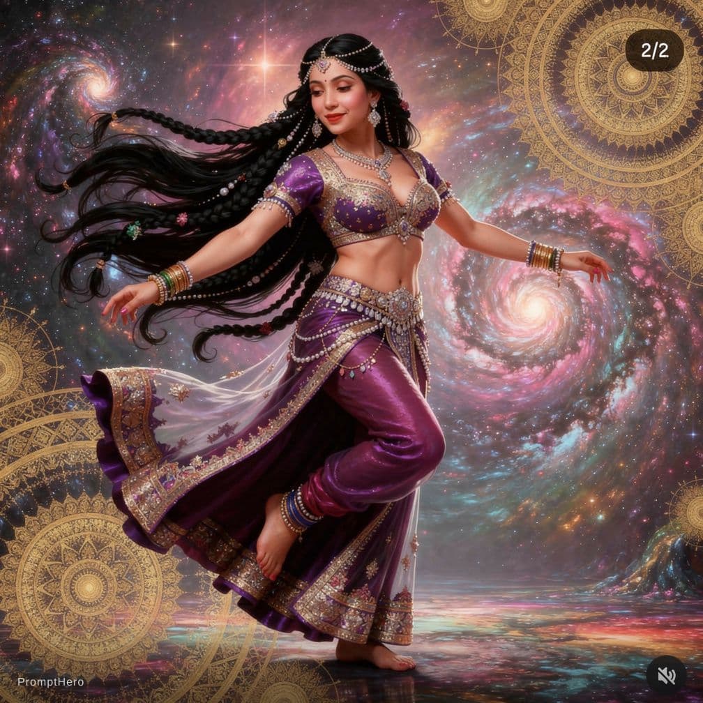 AI generated: A radiant Hindu goddess with long, flowing black hair styled in intricate braids, her toned and curv...