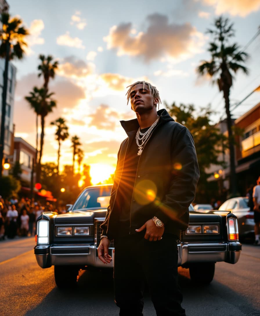 AI generated: A white-skinned rapper stands near the cadillac confidently on a vibrant urban street. The sun sets,...