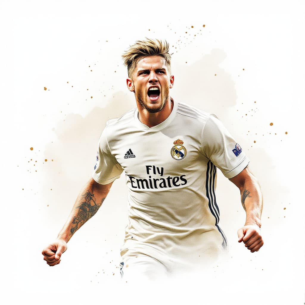AI generated: A portrait of "Toni Kroos" in the style of watercolor painting, he is celebrating a goal on the fiel...