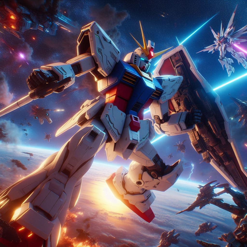 AI generated: A Gundam Unicorn fighting against a Zeon Zaku II in an epic space battle, battle ready, masterpiece,...
