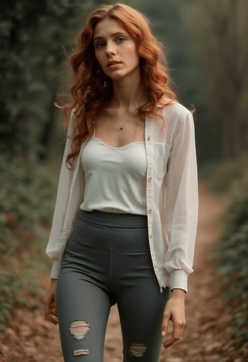 AI generated: Create a photorealistic representation of a woman standing outdoors in a natural setting, possibly a...