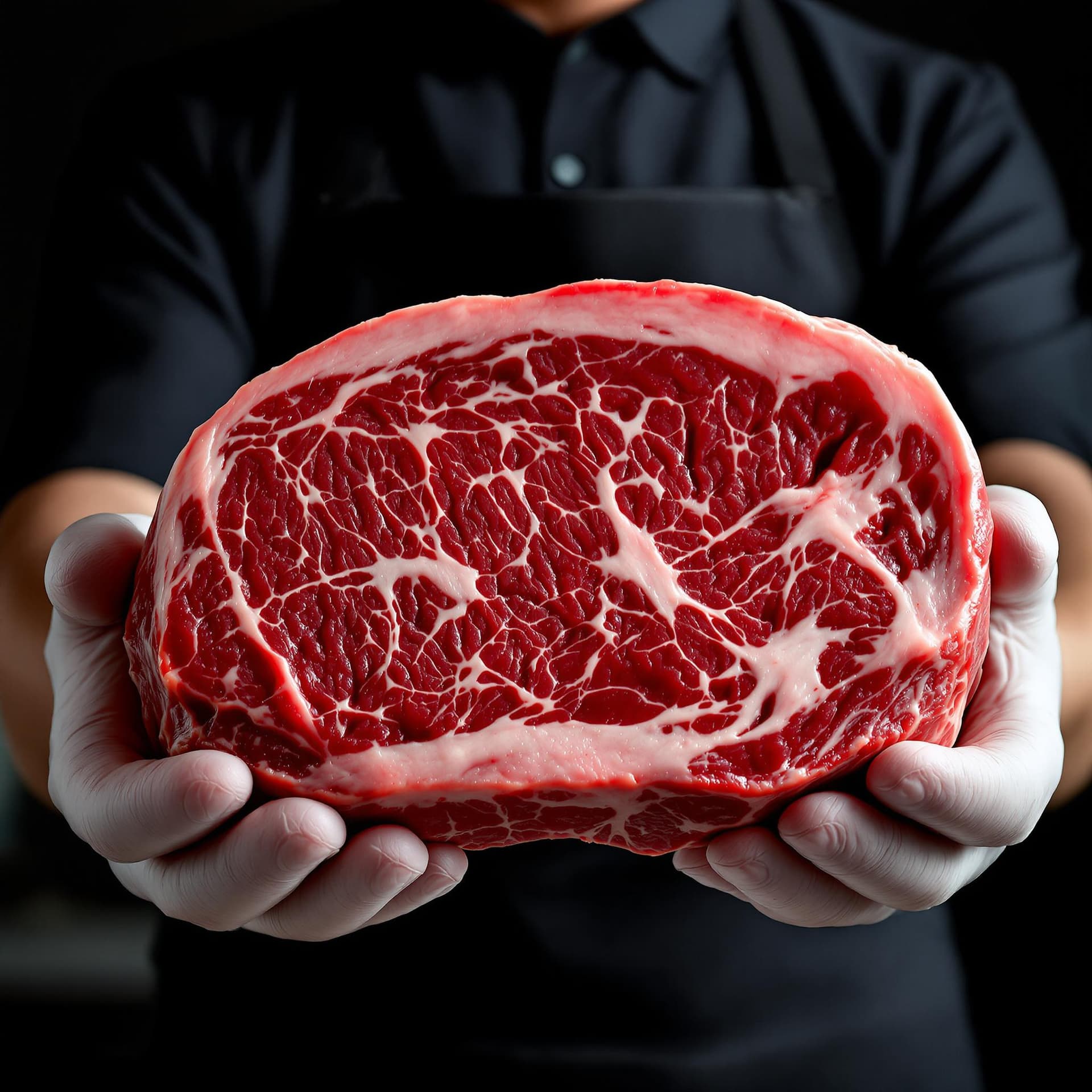 AI generated: A professional butcher presenting a large, premium Japanese Wagyu A5 ribeye steak with highly detail...