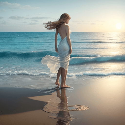 AI generated: photography, woman stands on a sandy beach, looking down at their bare feet  the camera angle captur...