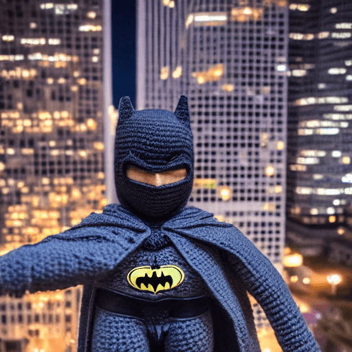 AI generated: photo of extremely detailed life-sized crochet Batman on rooftop in Gotham city at night cinematic S...