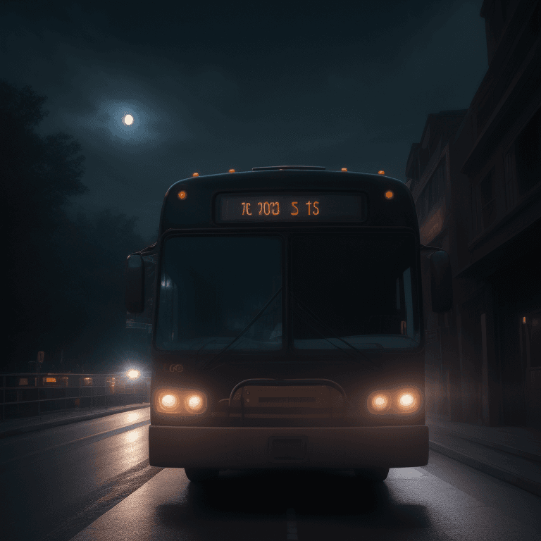 AI generated: the bus is waiting under the moonlight, night sky, dim-lit street, depictions of inclement weather, ...