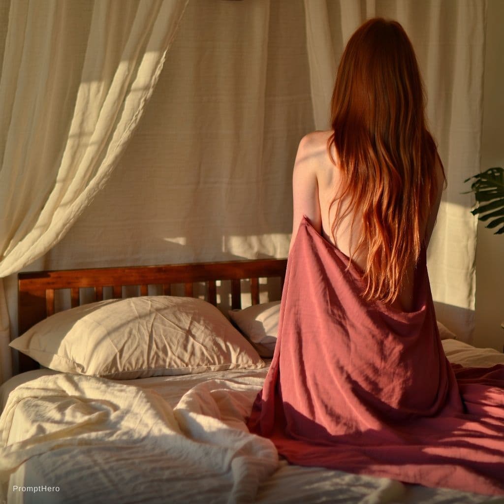 AI generated: A photorealistic, high-detail image of a womans with long, flowing copper hair, seen from a rear vie...