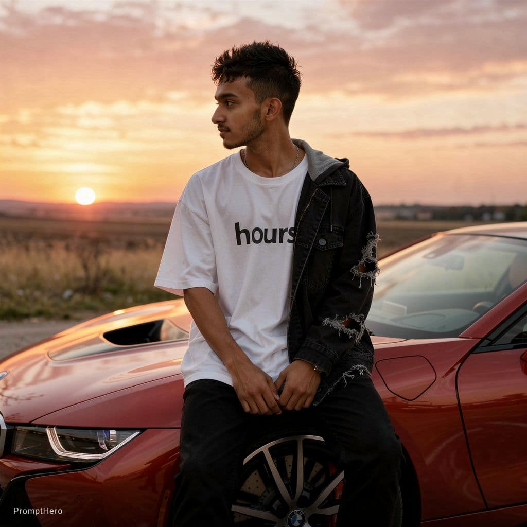 AI generated: I wante the boy site on the BMW I8 car bonnet.the car is red color.the nice sun set wante background...