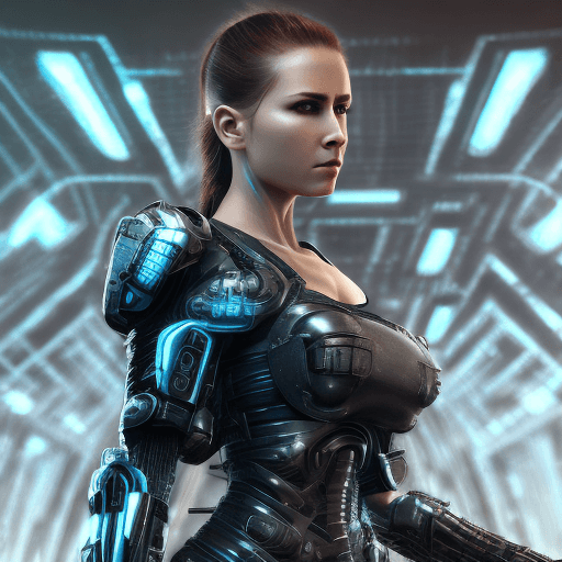 AI generated: Cybernetics, action movie protagonist, female warrior, virus, cyberspace, repeating patterns, unreal...