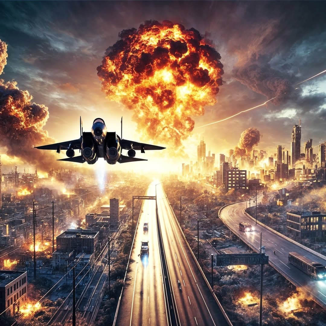 AI generated: An apocalyptic scene featuring a battle-hardened fighter jet soaring through fiery chaos over a city...