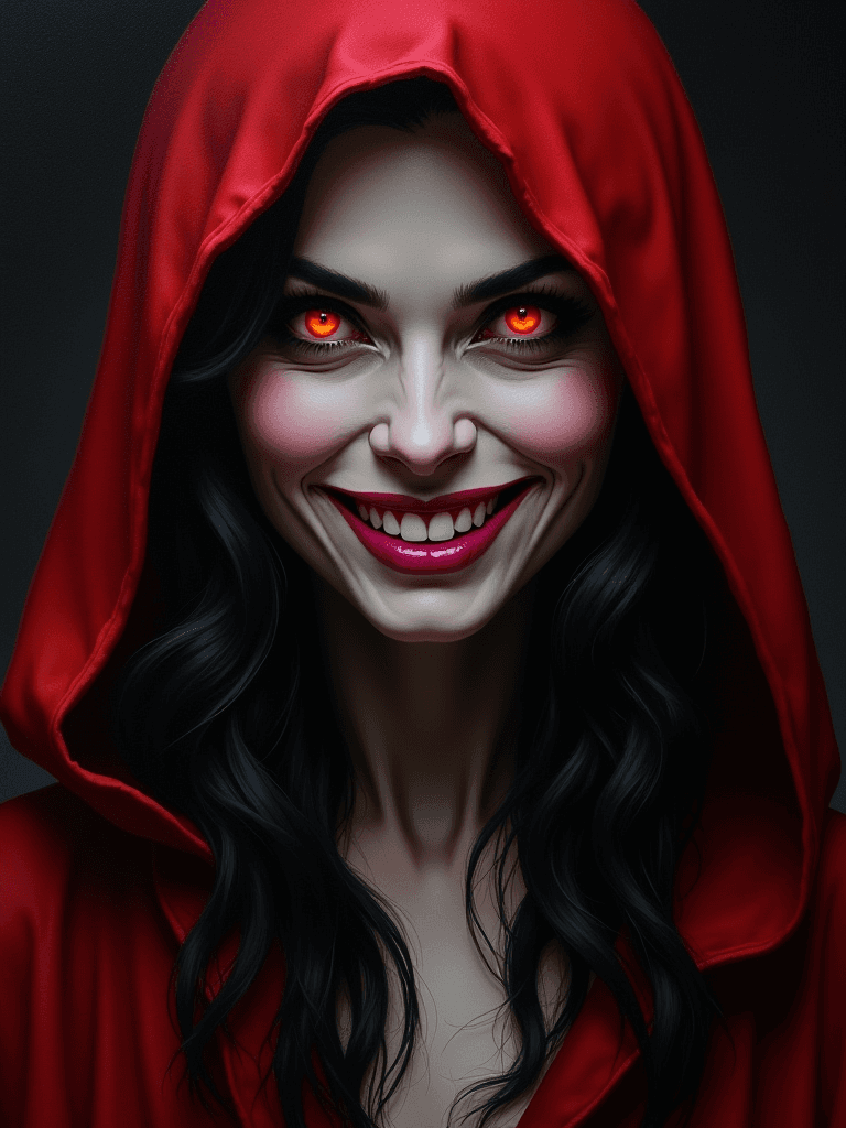 AI generated: A dark, stylized portrait of a sinister, smiling woman with glowing orange eyes and sharp facial fea...