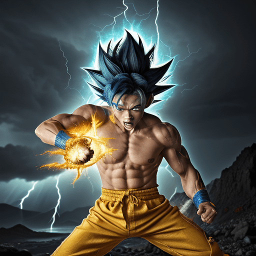 AI generated: "painterly style, Goku fighting at war, raging, blue hair, character design, body is adorned with gl...