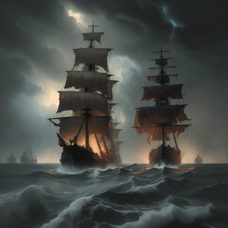 AI generated: oil painting with heavy impasto of a pirate ship after a sea battle, turbulent sea, thunderstorm, ra...