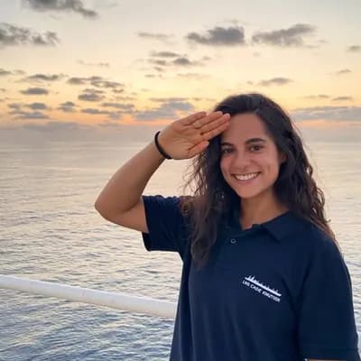AI generated video: Strictly based on the reference photo only. Woman on ship deck at golden hour sunset, calm ocean hor...