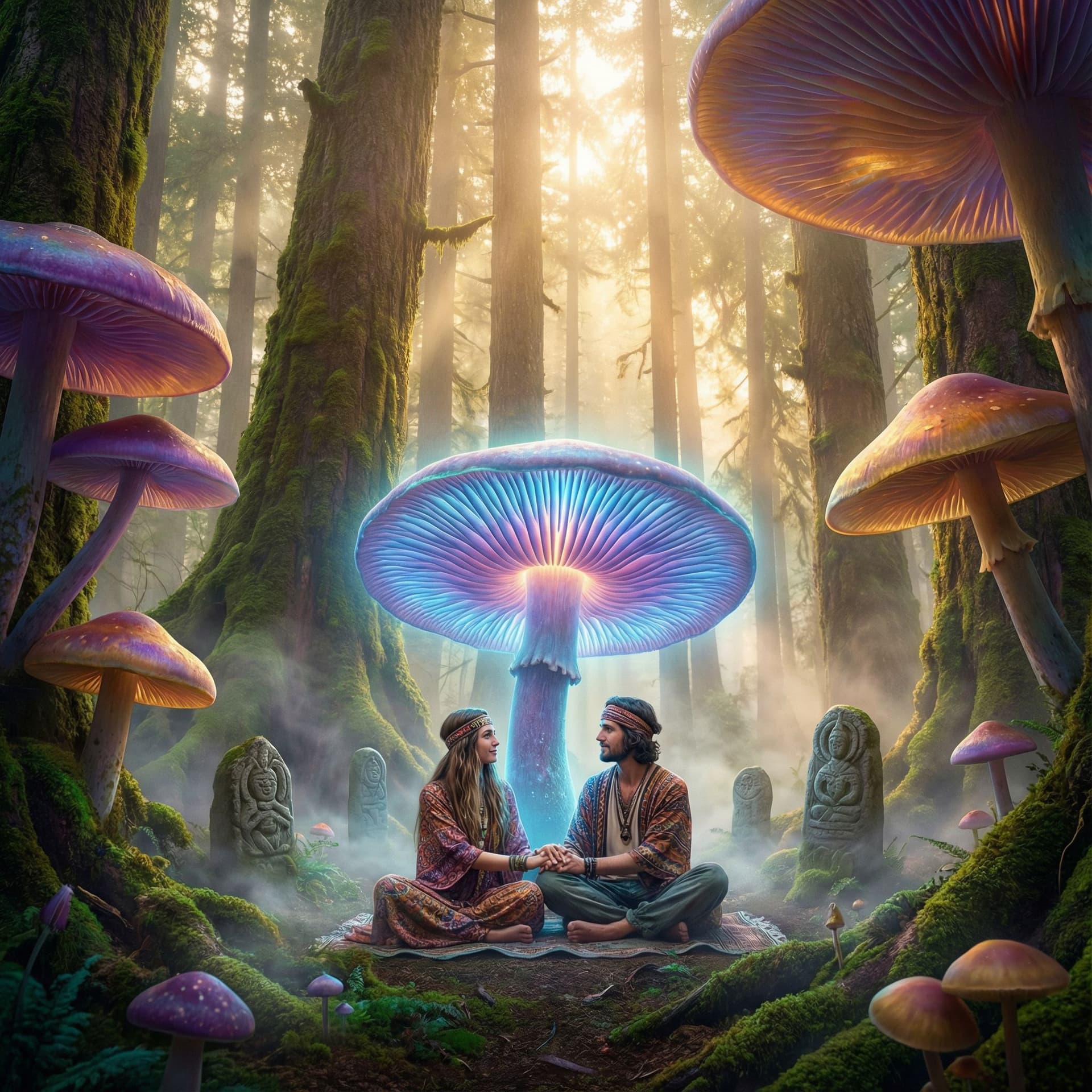AI generated: Psychedelic, surreal. A mystical forest at dawn, soft golden light filtering through ancient giant m...