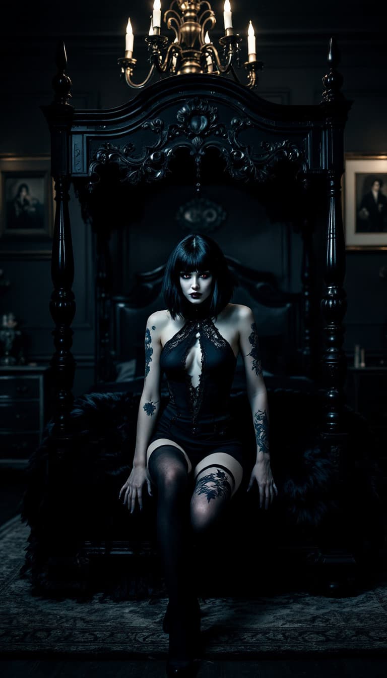 AI generated: A dark, moody portrait in a gothic Victorian style. A young woman with shoulder-length black hair an...