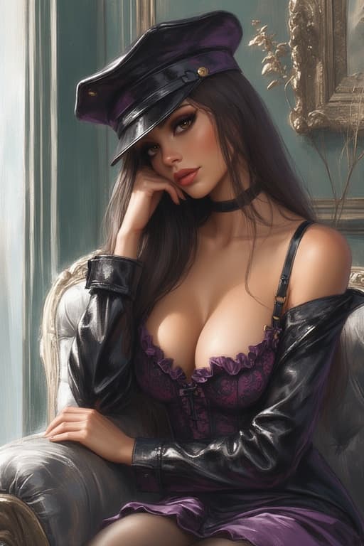 AI generated: A beautiful woman with long dark hair, wearing a black leather cap with purple accents, resting her ...