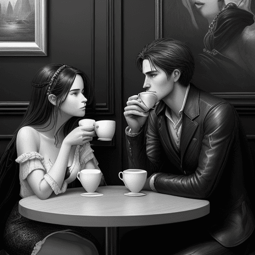 AI generated: Black and white art of a man and a woman are drinking coffee in a coffee shop, love around him, deta...