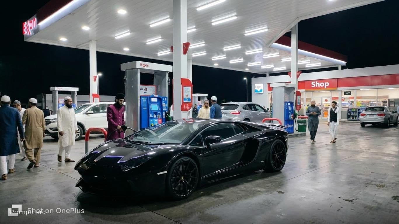 AI generated: Black Lamborghini in gas station 
