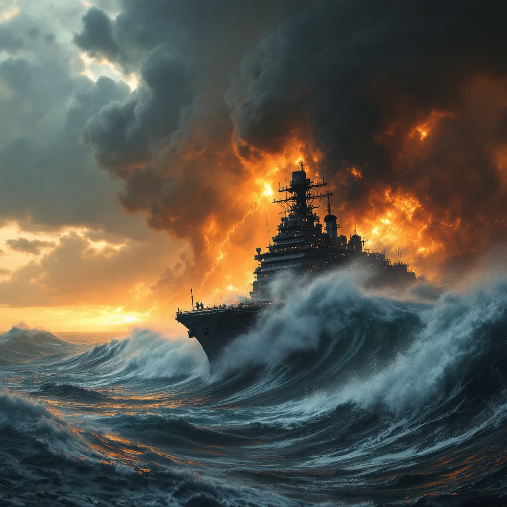 AI generated: A larger than life military carrier is riding a very huge wave downwards in the middle of a thunder ...