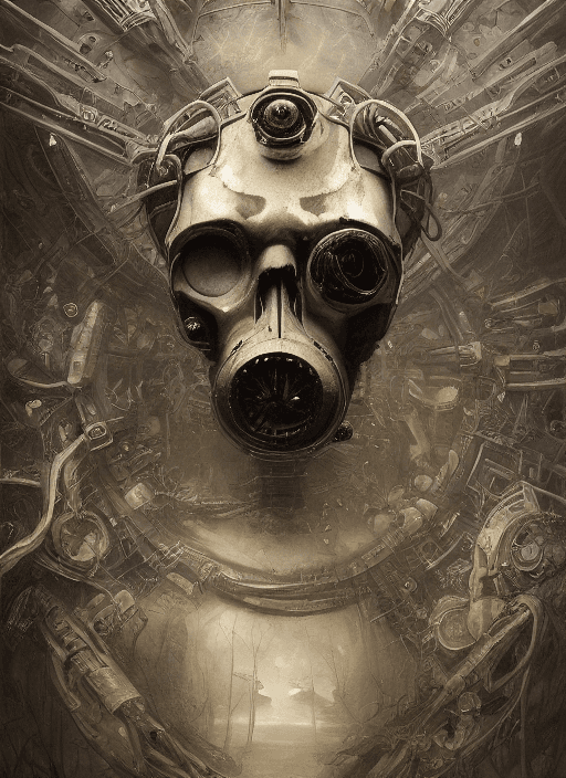 AI generated: Portrait shot of a skull with a gasmask in a scenic dystopian environment, intricate, elegant, highl...