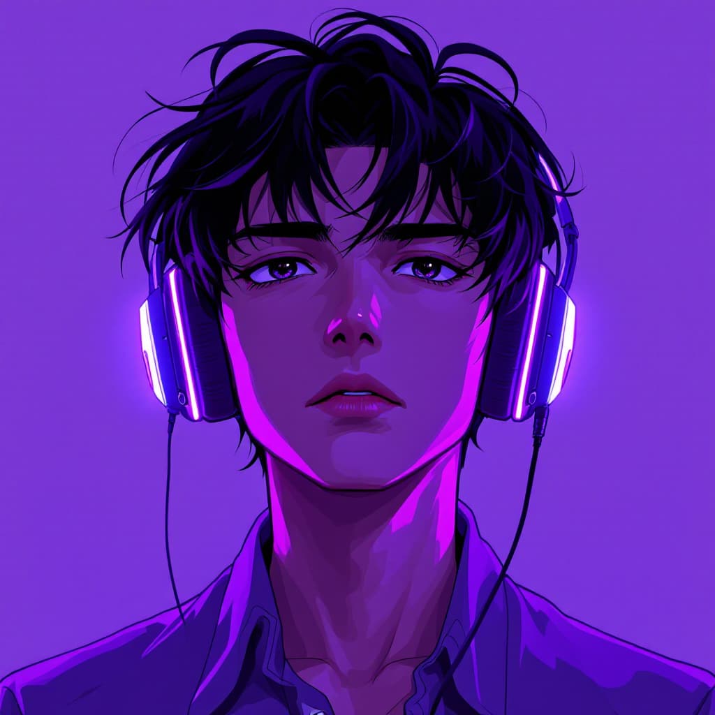 AI generated: 1990s, anime boy, short dark hair, serious face, looking straight ahead, Japanese pop culture, purpl...