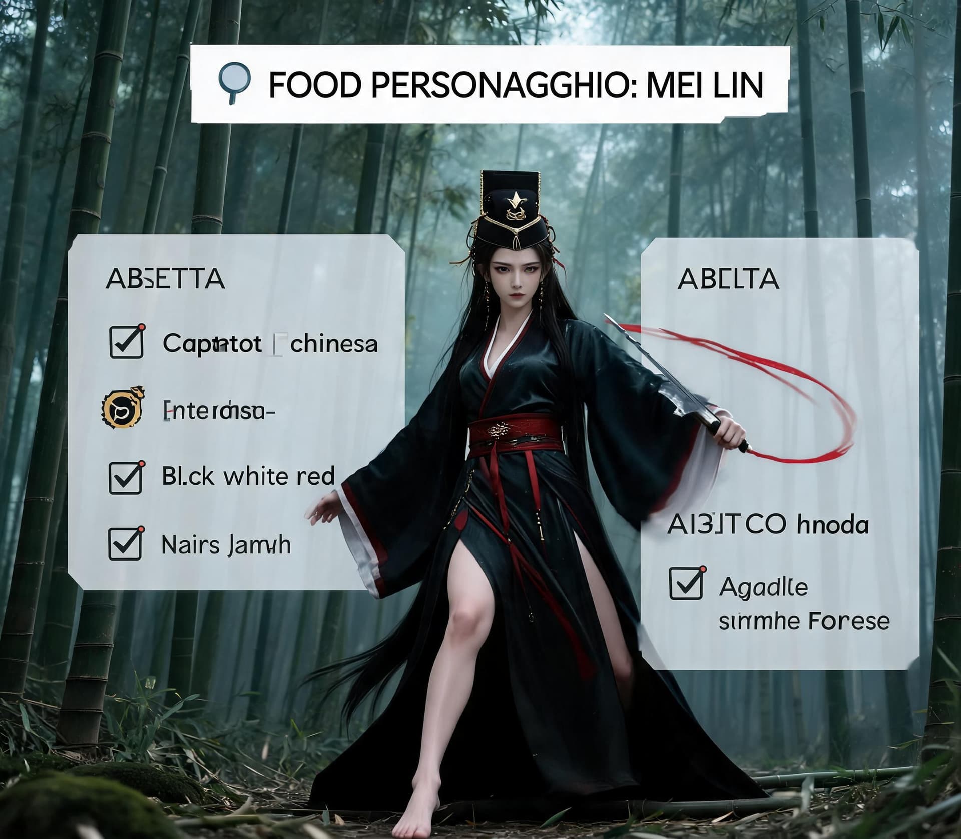 AI generated: Crea il charachter sheet di questo personaggio dalla fusione di queste foto, ma scalza a piedi nudi
