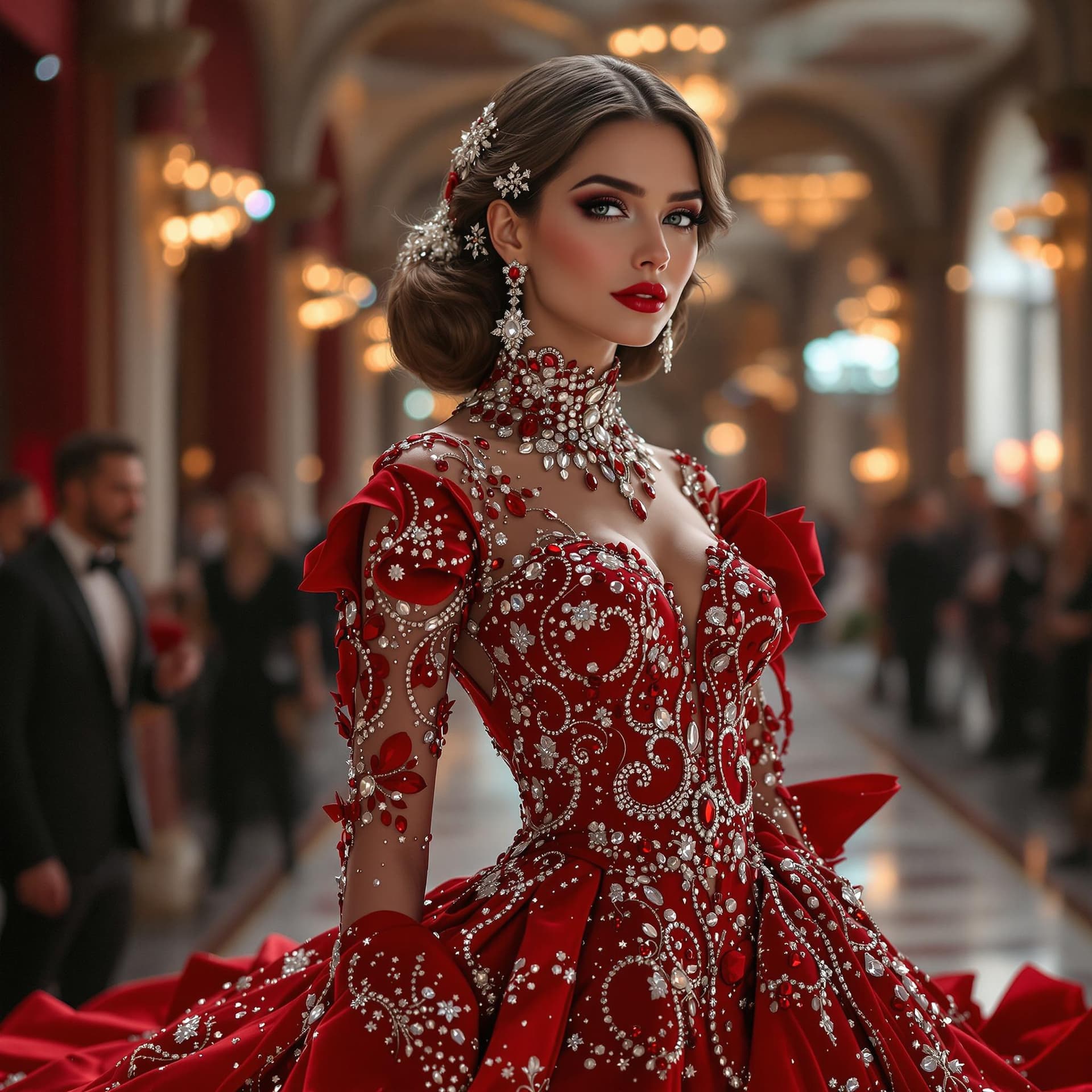 AI generated: magnifique femme en robe rouge faite de rubis et de diamants étincelants avec des détails complexes,...