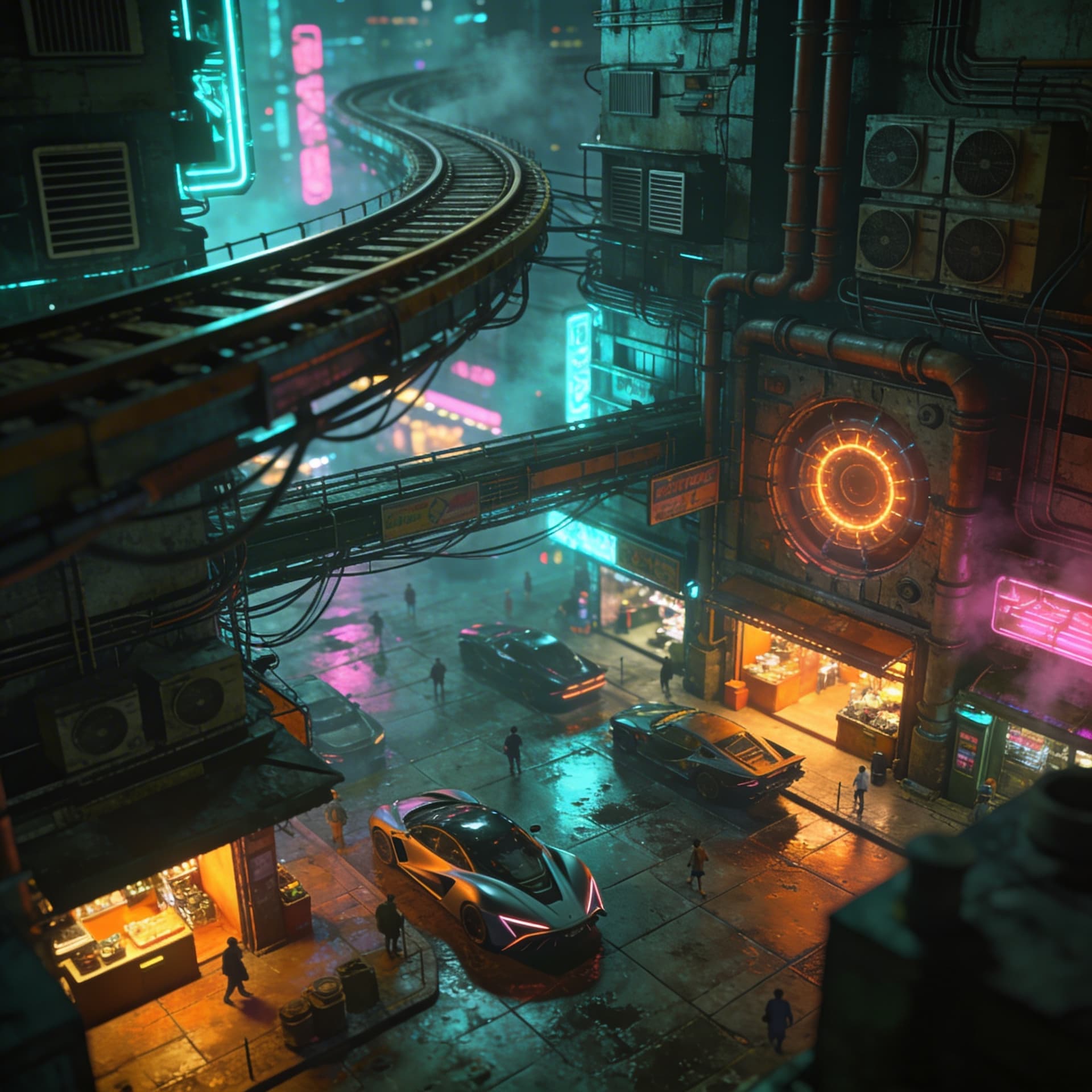 AI generated: Ultra-detailed cyberpunk city plaza at night, viewed from high angle, dense vertical architecture, s...