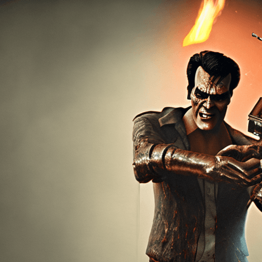 AI generated: Ultra Realistic detailed 1 eyed Alien dressed like Bruce Campbell in Evil Dead 1981, holding a shotg...