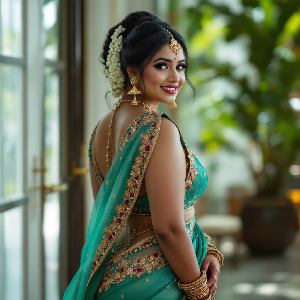 AI generated: Transparent slightly plus size Indian bride woman  without blouse and undergarments, tight full fron...
