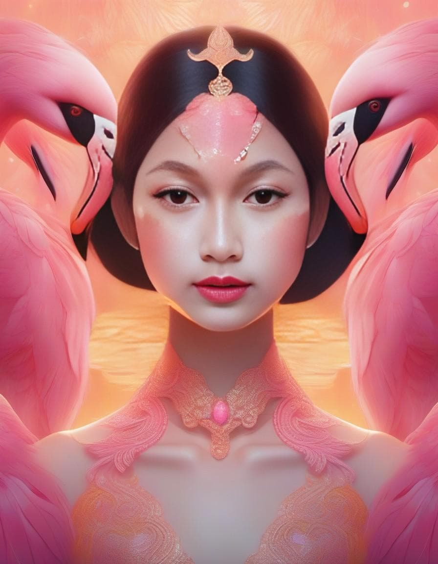 AI generated: a Girl with pink neon skin implants. beautiful intricately detailed flamingo mask, ornate, Dreamlike...