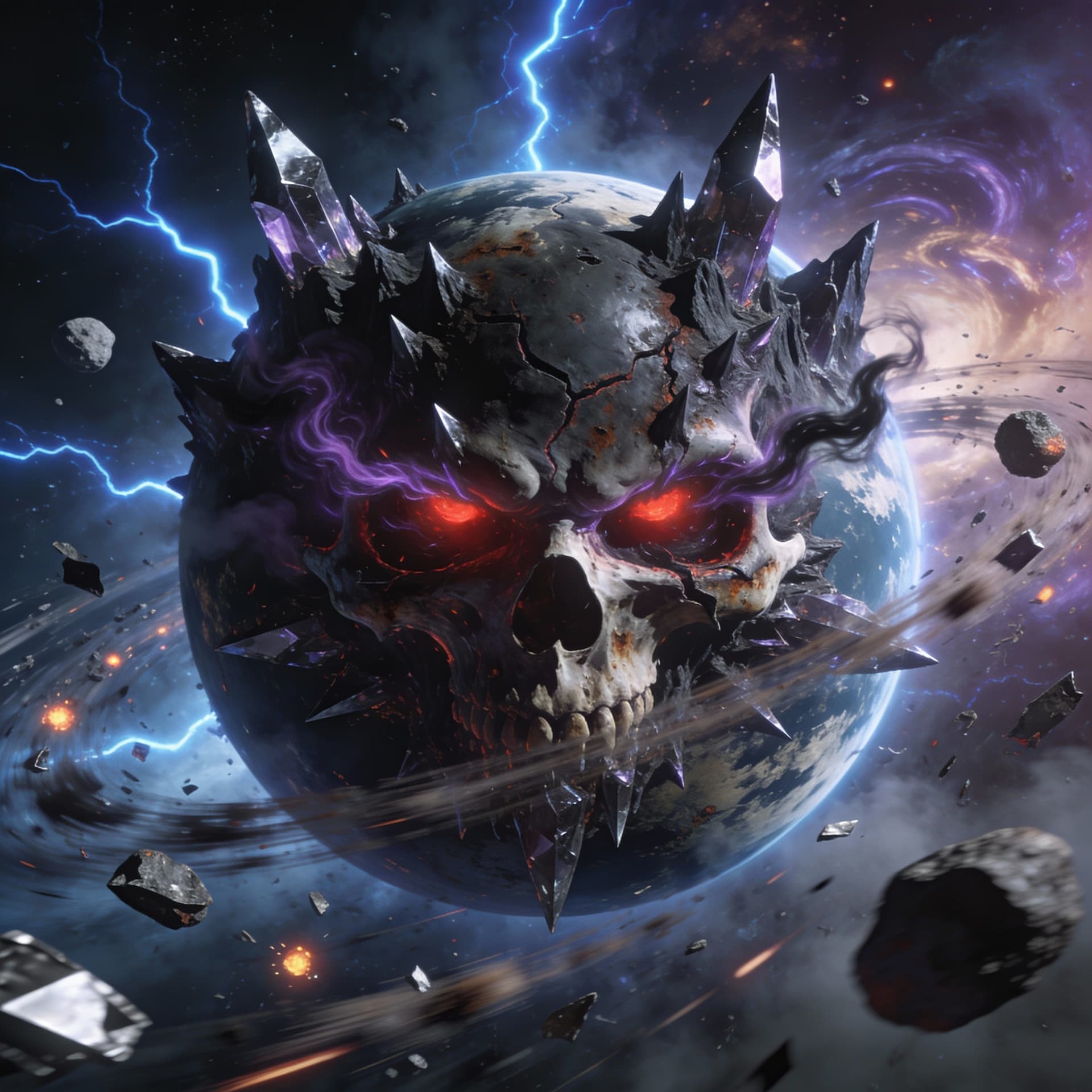 AI generated: A a 3d illustrated realistic full view of a demonic planet made out of a head with an evil monster f...