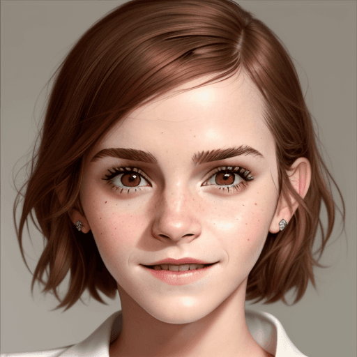 AI generated: Emma Watson, Extreme close-up face, symmetrical face,red face, embarassed, smile.