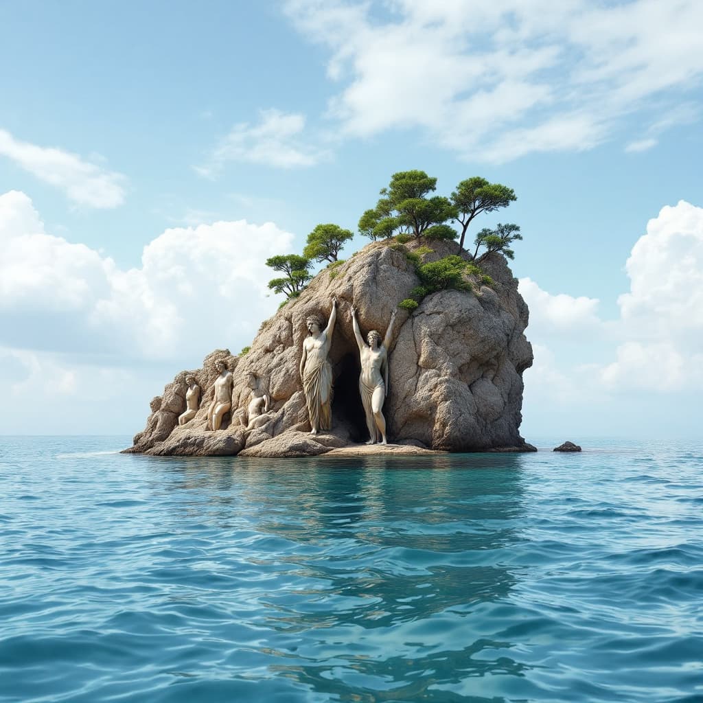 AI generated: Paisaje marino con una isla rocosa encima del agua, debajo del agua diferentes estatuas griegas suje...