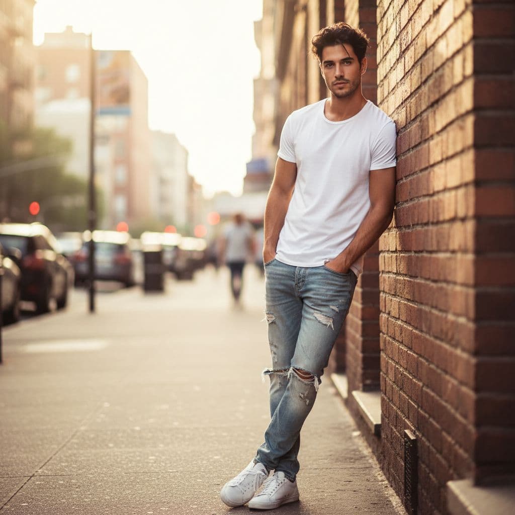 AI generated: a stylish young man with a lean, toned physique, brown eyes, black hair, casual wear, white T-shirt,...