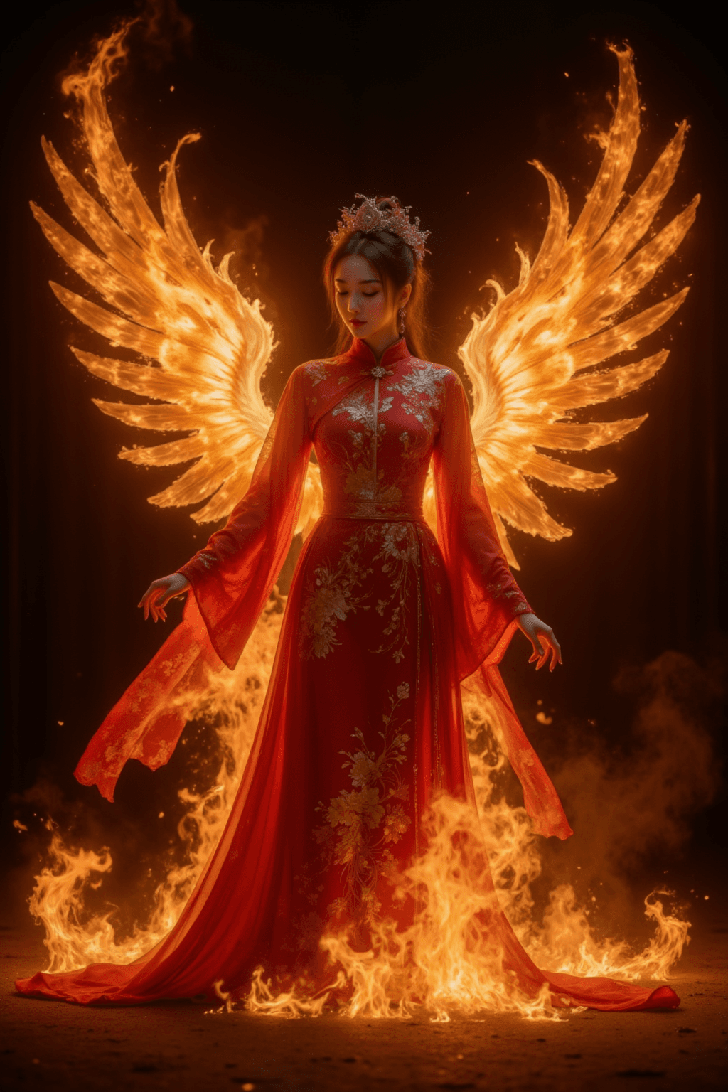 AI generated: A woman in an elaborate red and gold hanfu stands amidst a conflagration, ethereal wings of a phoeni...