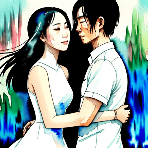 AI generated: watercolor scene of two Vietnamese lovers in a war-torn country, embracing each other as they contem...