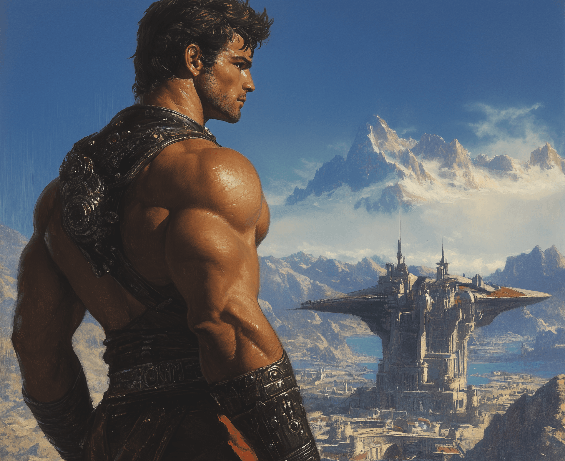 AI generated: A muscular man stands in front of the city, a spaceship docked on the ground with futuristic buildin...