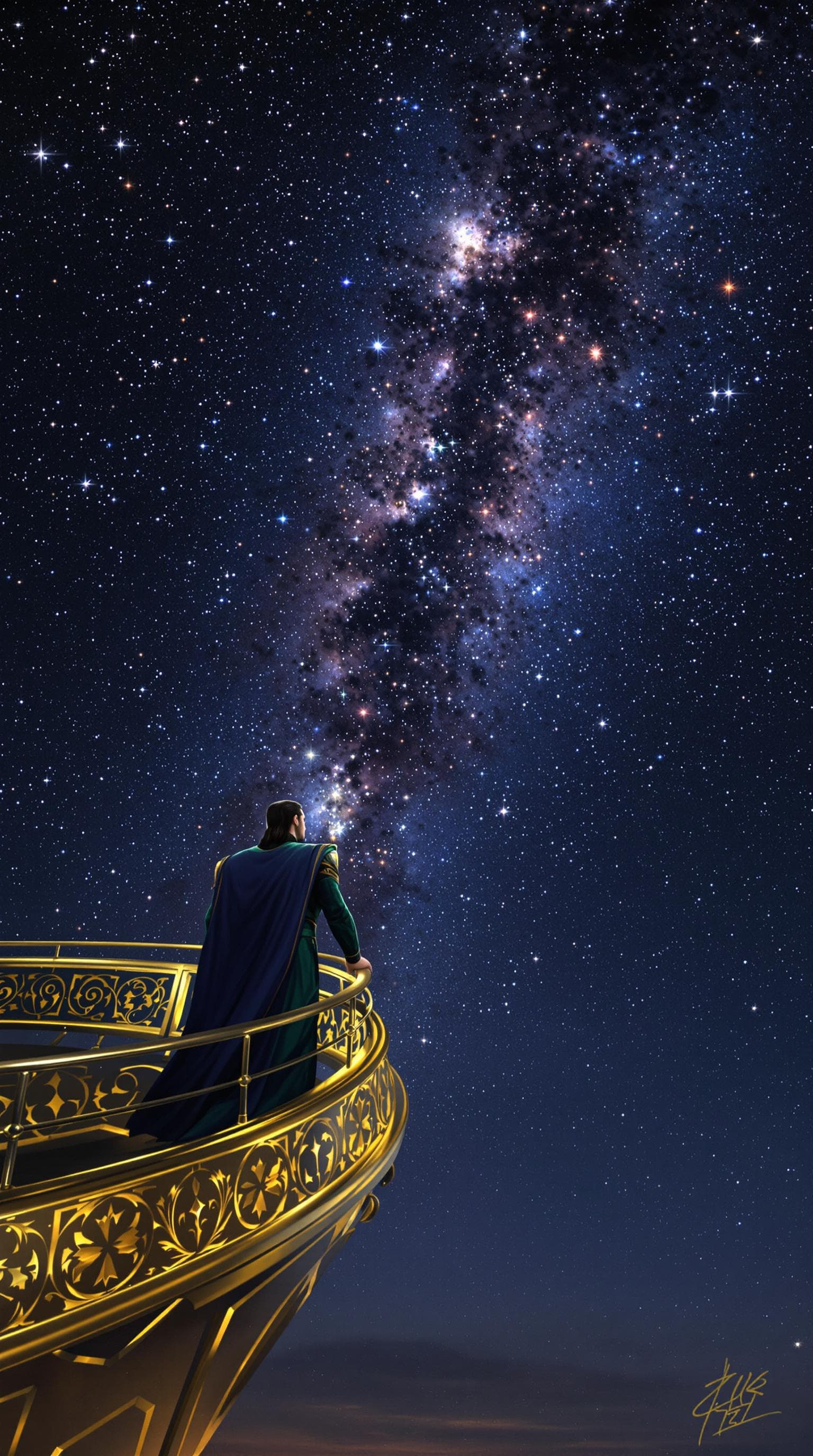 AI generated: First person POV. The grandeur of Asgard stretches beneath a night sky littered with stars. Loki sta...