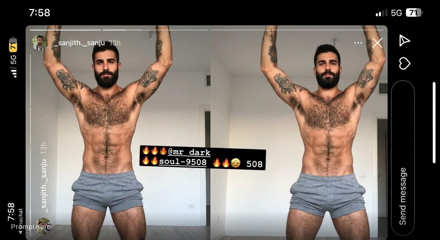 AI generated: Photo of an attractive Italian man with dark hair, incredibly hairy chest, arms raised, under arm pi...
