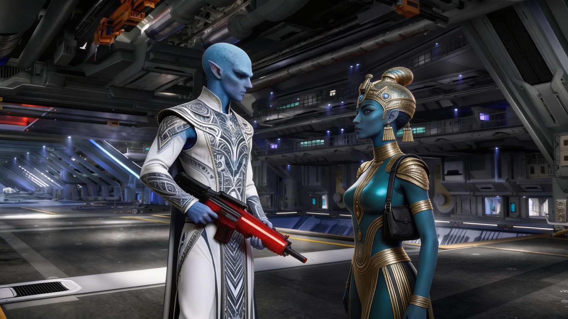 AI generated: The two characters face each other in the landing bay. Neither smiles, and both are serious. 

He is...