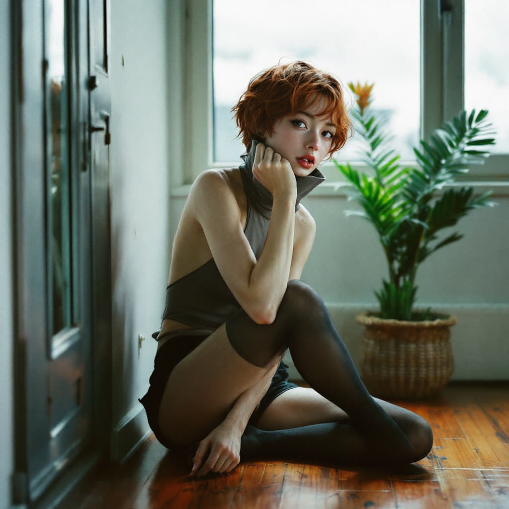AI generated: photo, a cute Asian woman, oily, sitting pose, on wood flooring the corner, cottage core home, cover...