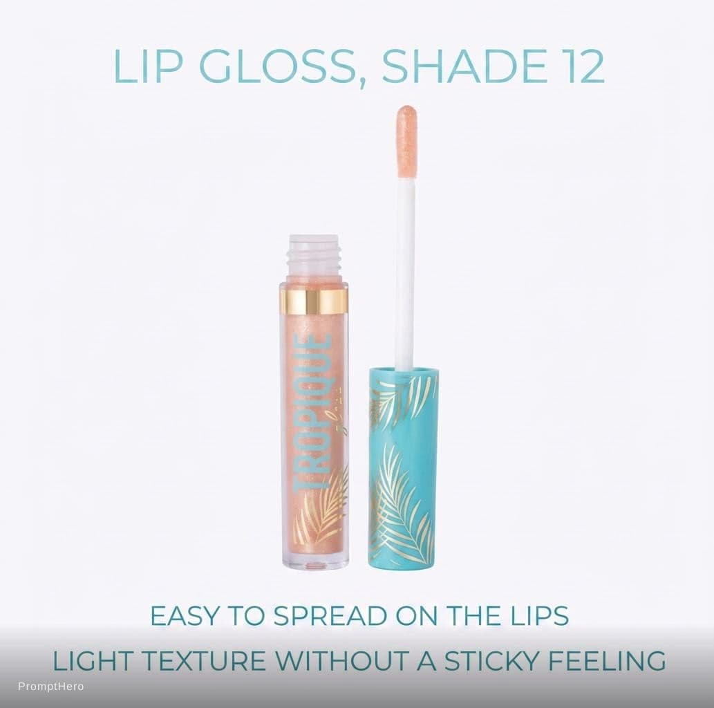 AI generated: Create a product card for this photo, specify:lip gloss, shade 12, easy to spread on the lips, light...