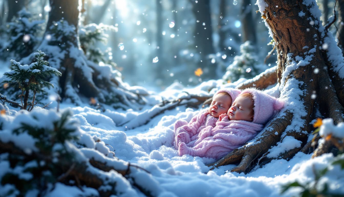 AI generated: Winter forest with magical elements: pulsating roots, snow floating around newborns.
