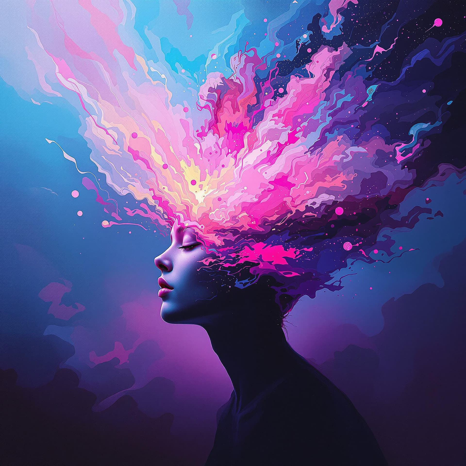 AI generated: "Abstract surrealist album cover in painterly style, a human head dissolving into vibrant clouds of ...