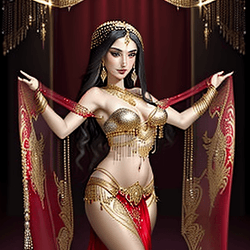 AI generated: I would like a high-resolution portrait of a beautiful 25 year old belly dancer wearing exquisite fl...
